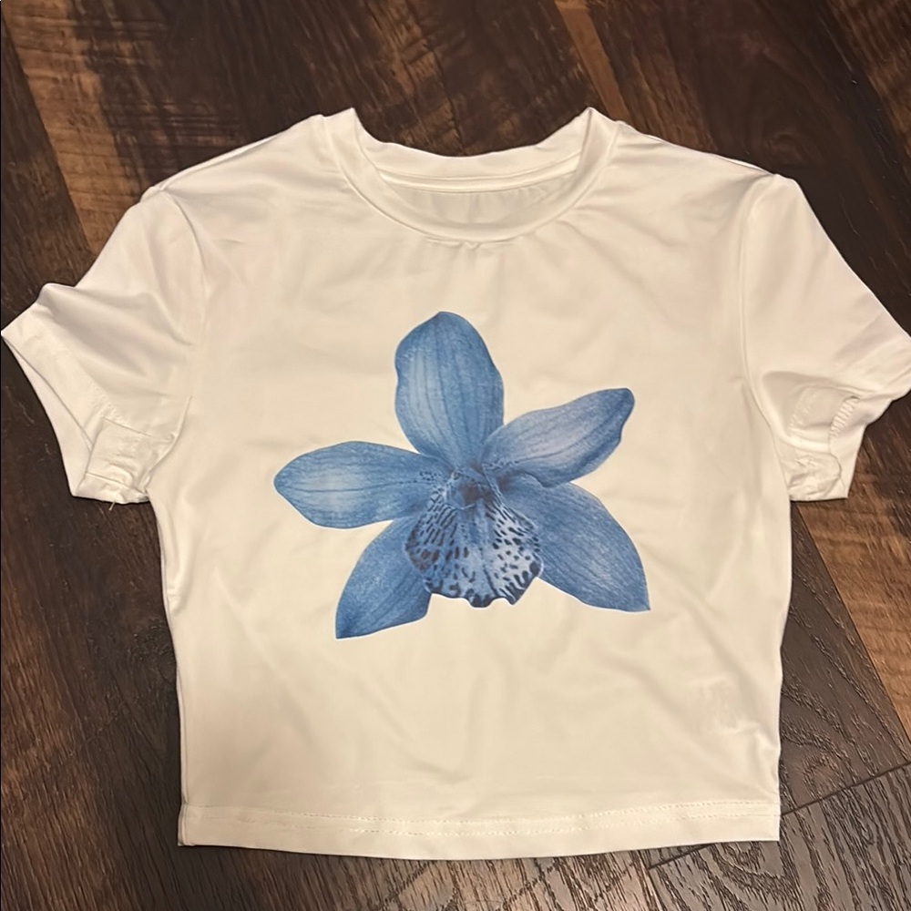White Crop Top with Blue Floral Design